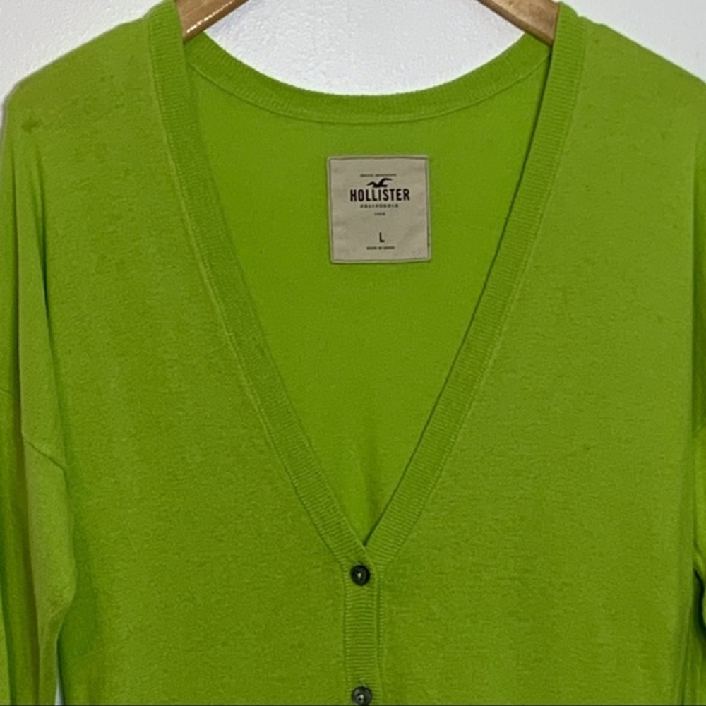 EUC Hollister bright green cardigan sweater Preppy Classic Collegiate Jr Large - Picture 6 of 9